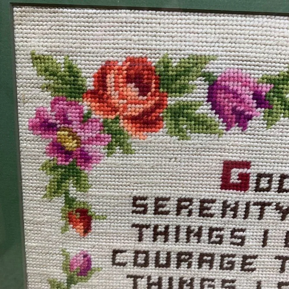 Large Finished Needlepoint Serenity Prayer Floral Framed Wall Hanging Recovery‎